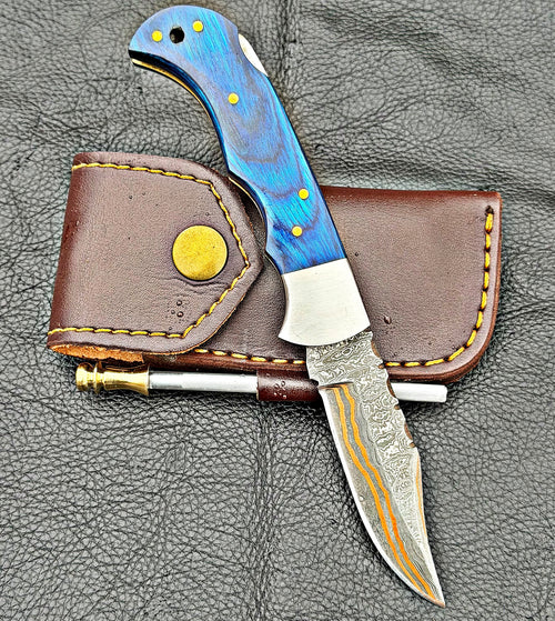 Timbercat Knives Handmade Copper Damascus Pocket Knife 3 Inch Blade Folding Knife with Cowhide Leather Sheath 2004
