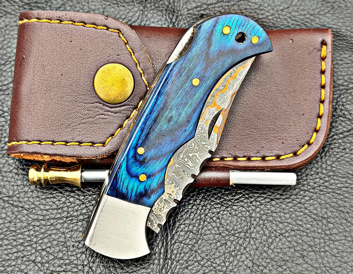 Timbercat Knives Handmade Copper Damascus Pocket Knife 3 Inch Blade Folding Knife with Cowhide Leather Sheath 2004