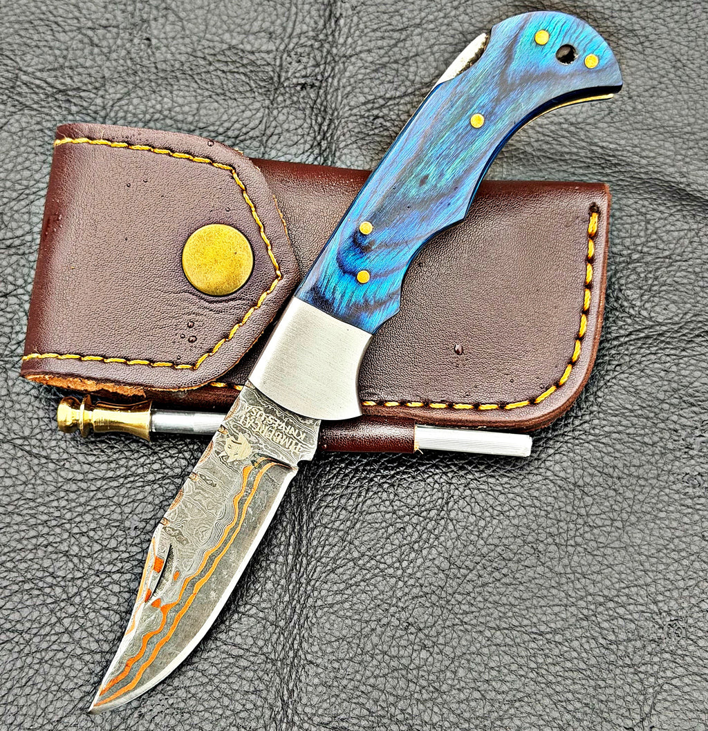 Timbercat Knives Handmade Copper Damascus Pocket Knife 3 Inch Blade Folding Knife with Cowhide Leather Sheath 2004