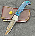 Timbercat Knives Handmade Copper Damascus Pocket Knife 3 Inch Blade Folding Knife with Cowhide Leather Sheath 2004