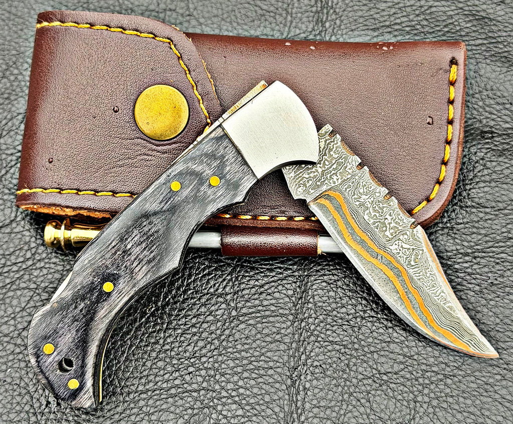 Timbercat Knives Handmade Copper Damascus Pocket Knife 3 Inch Blade Folding Knife with Cowhide Leather Sheath 2005