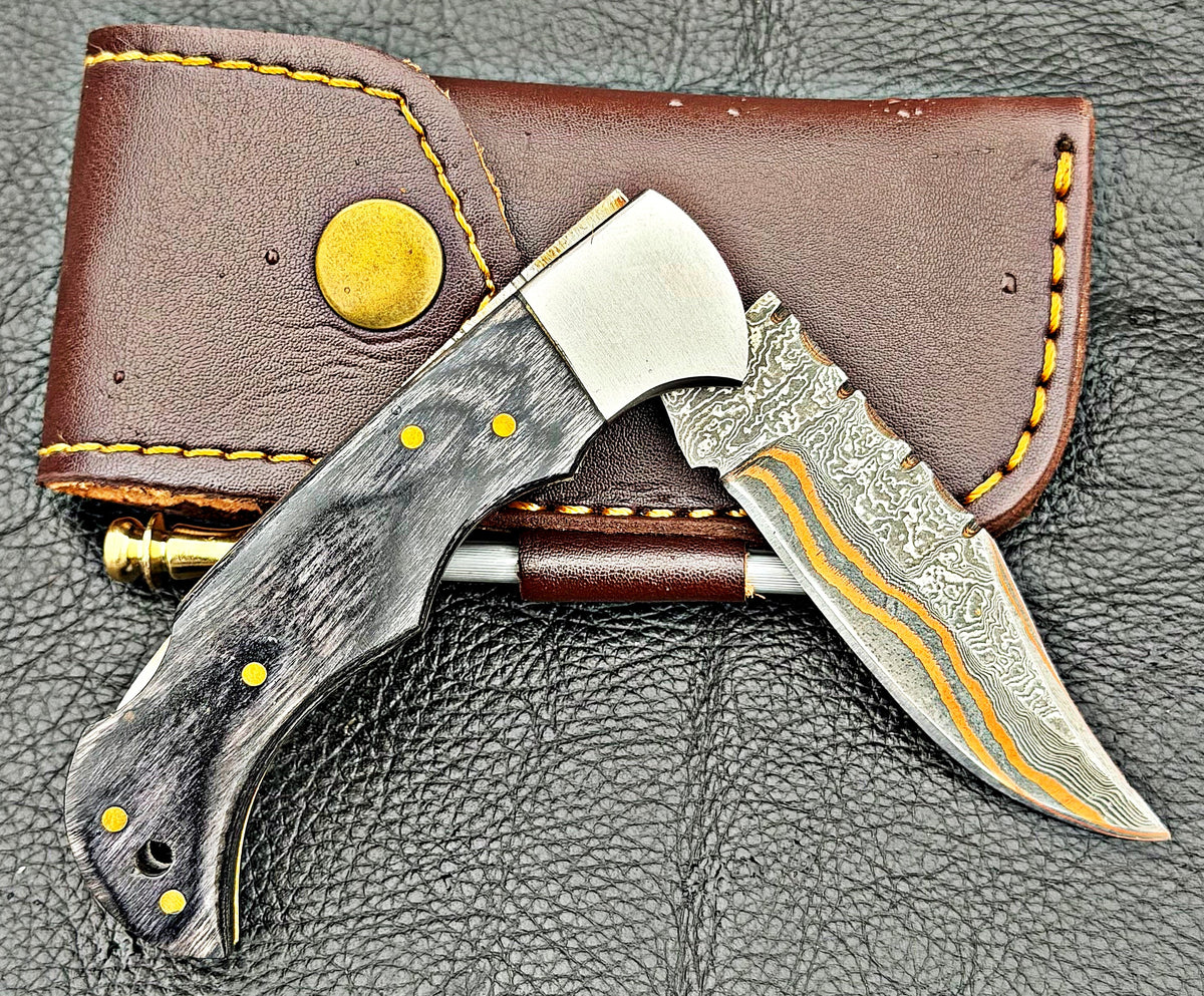 Timbercat Knives Handmade Copper Damascus Pocket Knife 3 Inch Blade Folding Knife with Cowhide Leather Sheath 2005