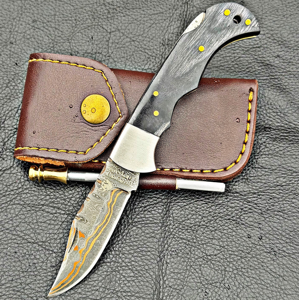 Timbercat Knives Handmade Copper Damascus Pocket Knife 3 Inch Blade Folding Knife with Cowhide Leather Sheath 2005