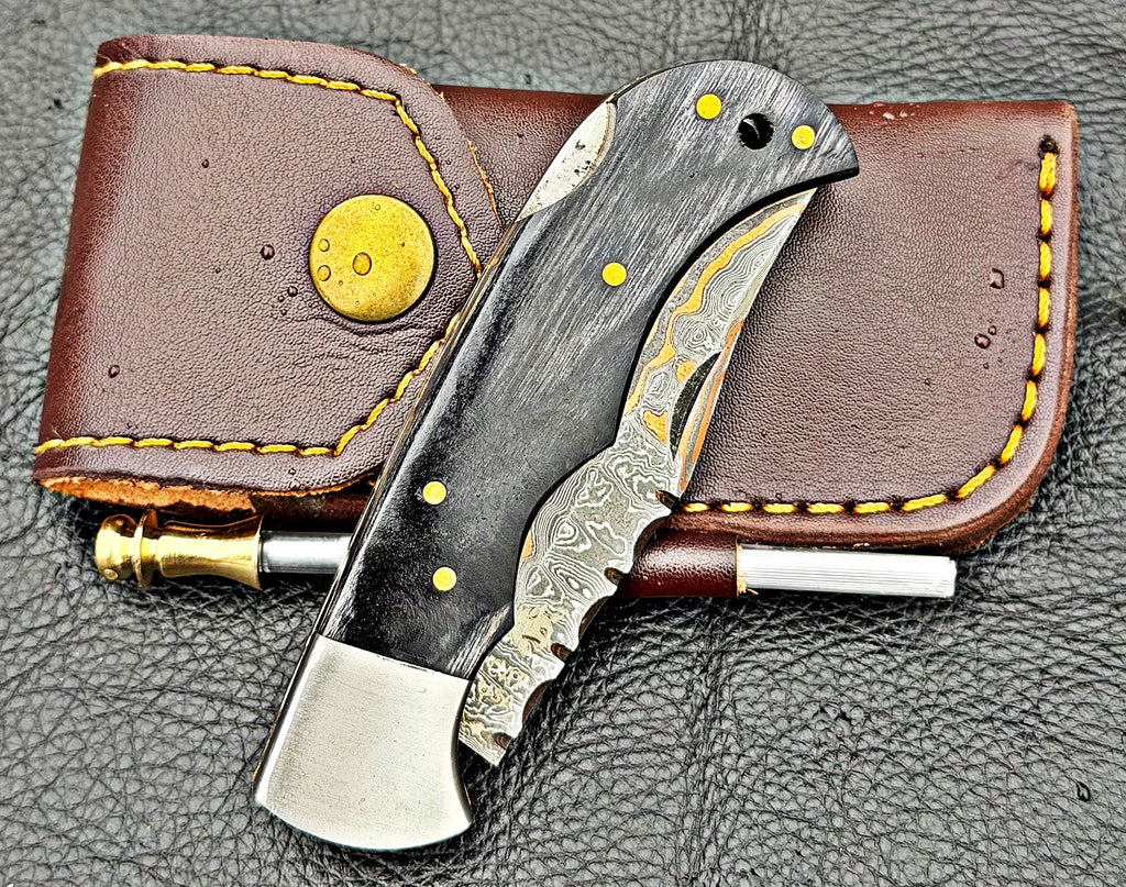 Timbercat Knives Handmade Copper Damascus Pocket Knife 3 Inch Blade Folding Knife with Cowhide Leather Sheath 2005