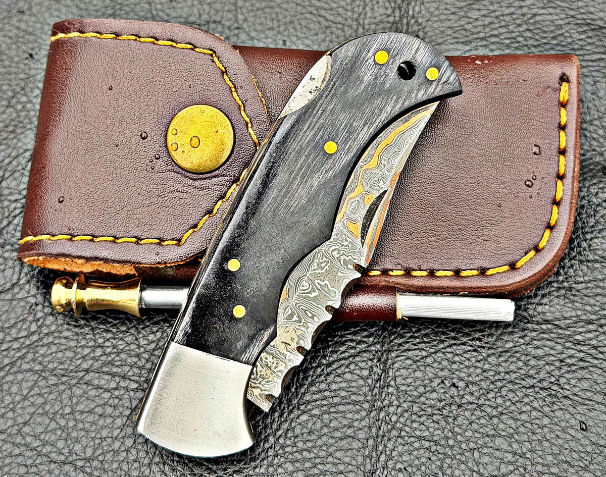 Timbercat Knives Handmade Copper Damascus Pocket Knife 3 Inch Blade Folding Knife with Cowhide Leather Sheath 2005