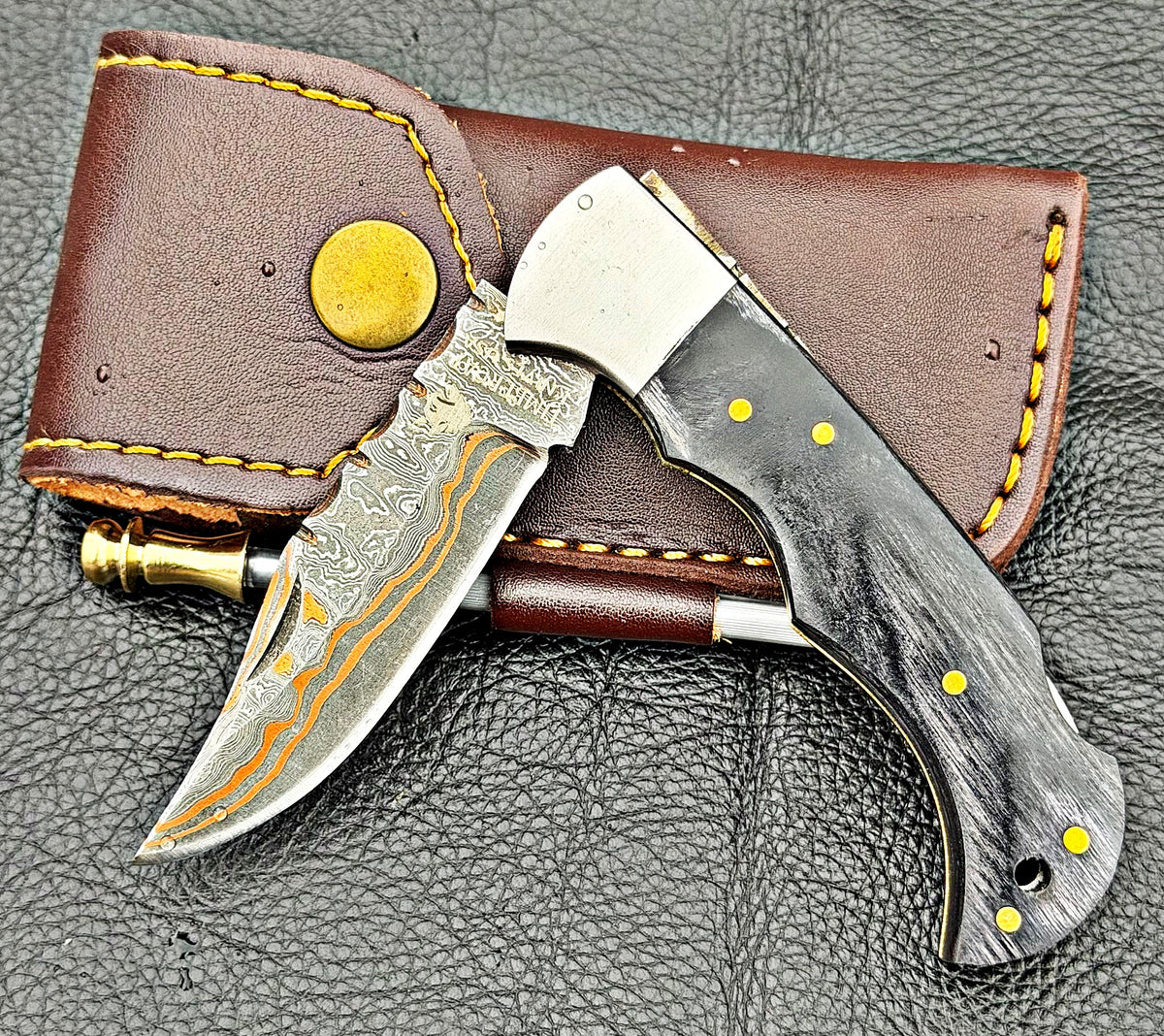 Timbercat Knives Handmade Copper Damascus Pocket Knife 3 Inch Blade Folding Knife with Cowhide Leather Sheath 2005