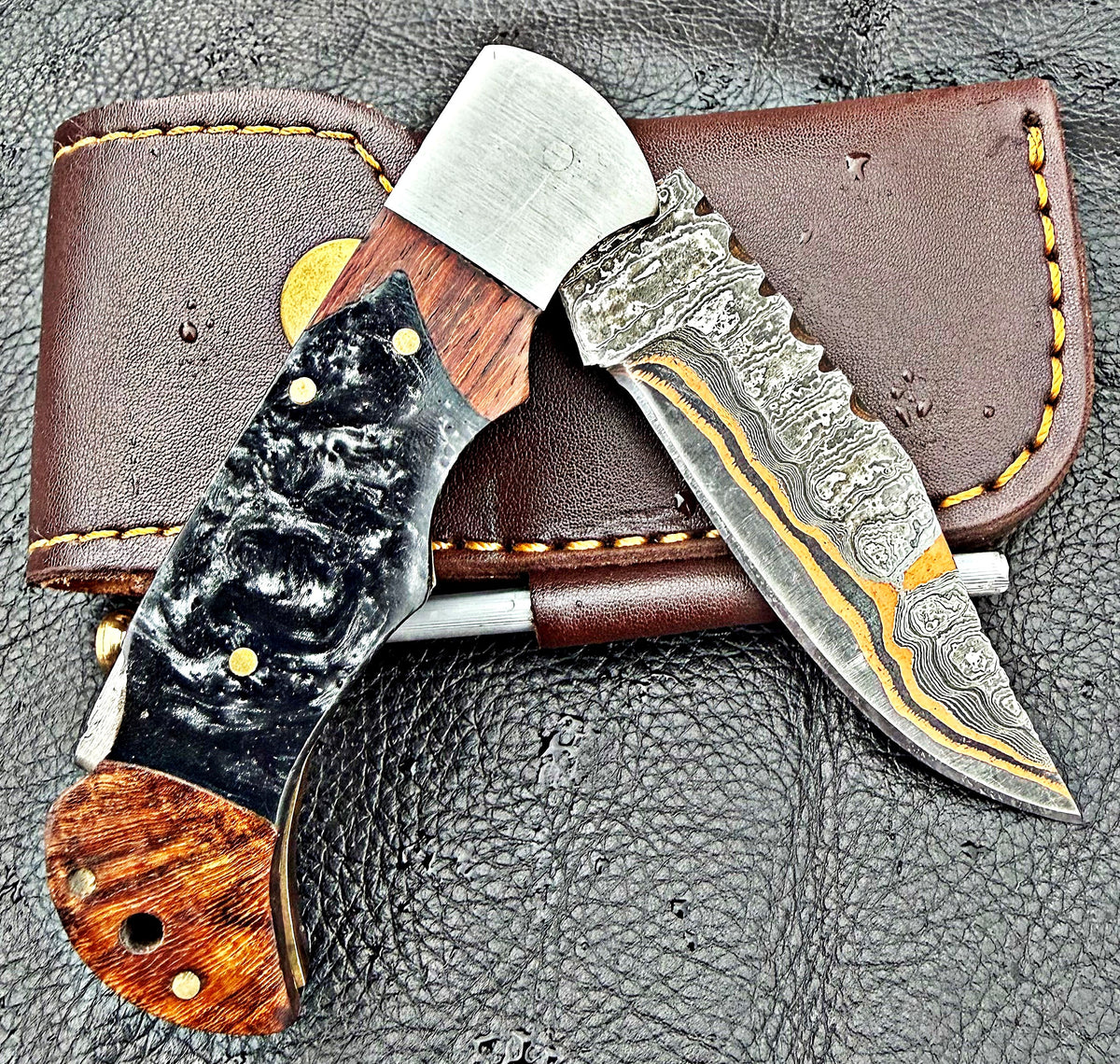 Timbercat Knives Handmade Copper Damascus Pocket Knife 3 Inch Blade Folding Knife with Cowhide Leather Sheath 2006