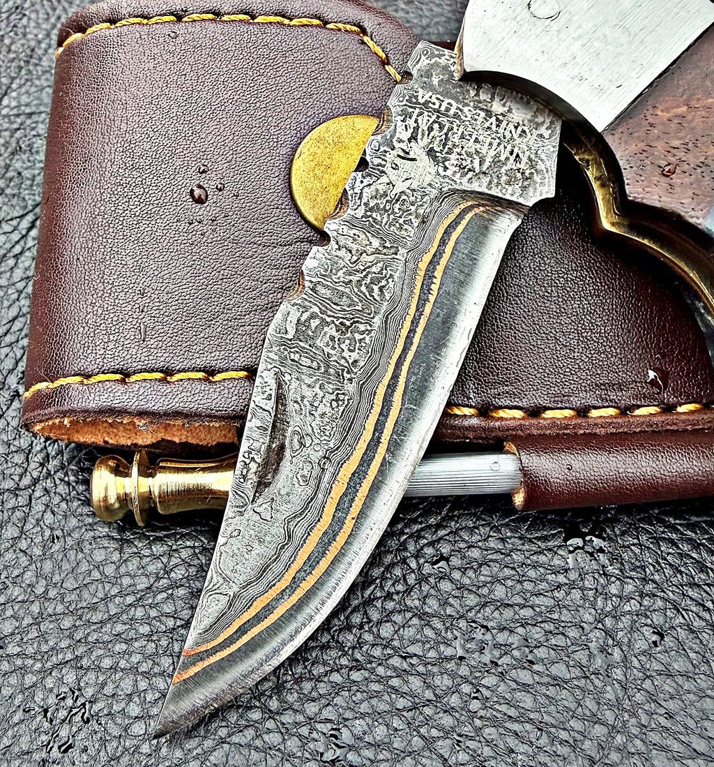 Timbercat Knives Handmade Copper Damascus Pocket Knife 3 Inch Blade Folding Knife with Cowhide Leather Sheath 2006
