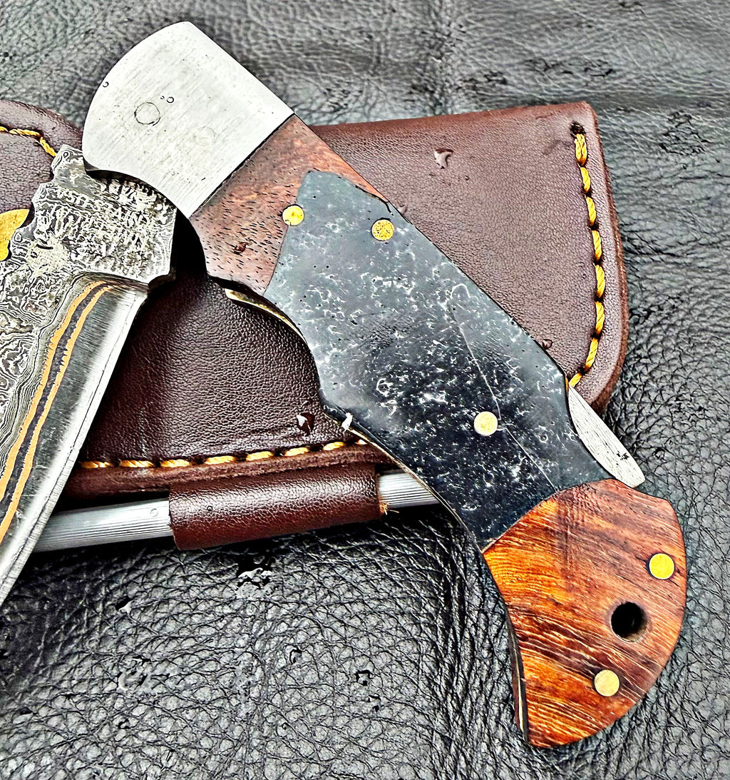 Timbercat Knives Handmade Copper Damascus Pocket Knife 3 Inch Blade Folding Knife with Cowhide Leather Sheath 2006