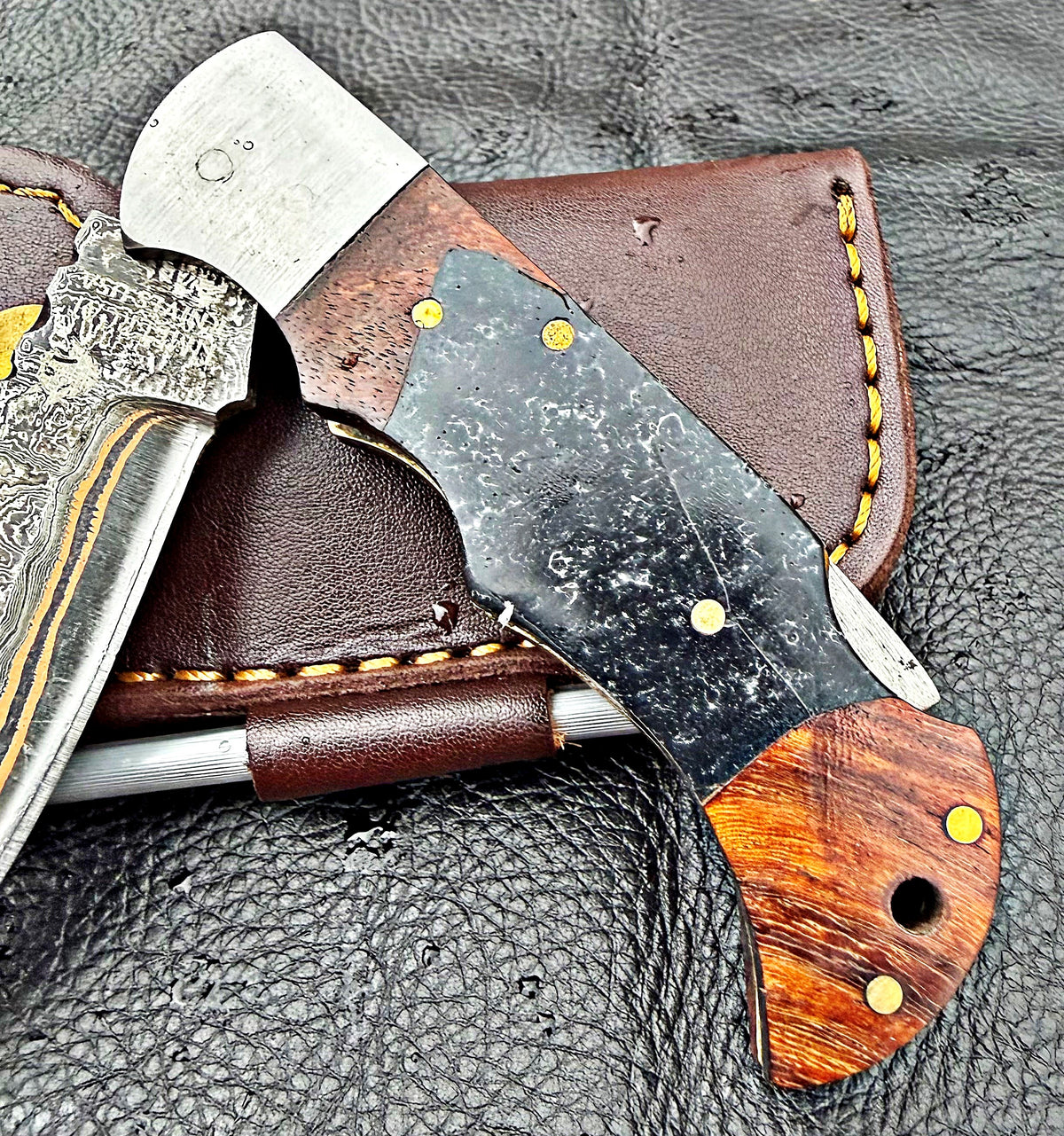 Timbercat Knives Handmade Copper Damascus Pocket Knife 3 Inch Blade Folding Knife with Cowhide Leather Sheath 2006