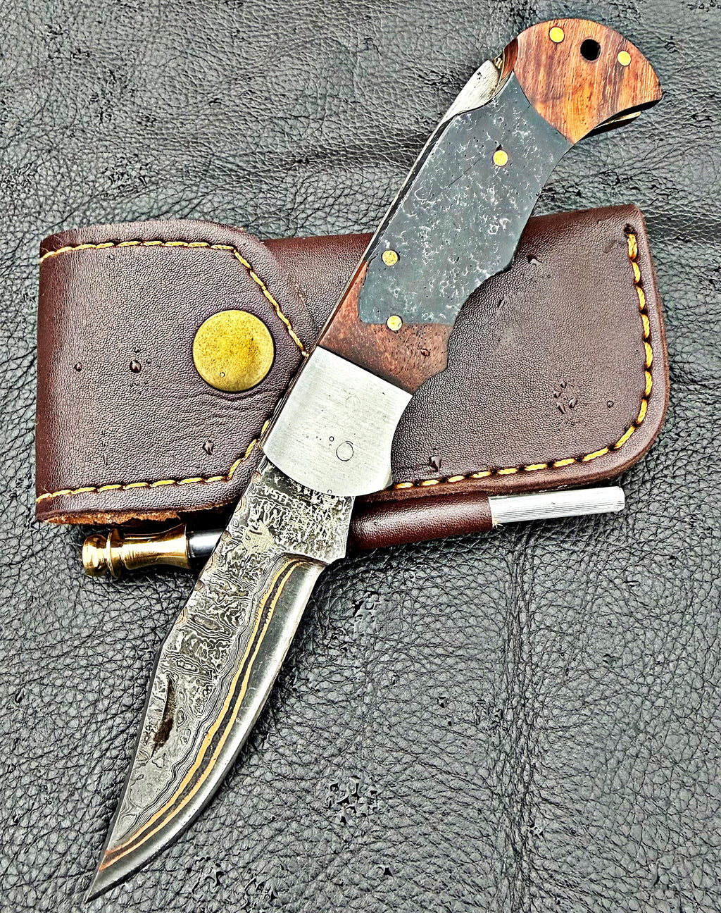 Timbercat Knives Handmade Copper Damascus Pocket Knife 3 Inch Blade Folding Knife with Cowhide Leather Sheath 2006