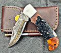 Timbercat Knives Handmade Copper Damascus Pocket Knife 3 Inch Blade Folding Knife with Cowhide Leather Sheath 2006
