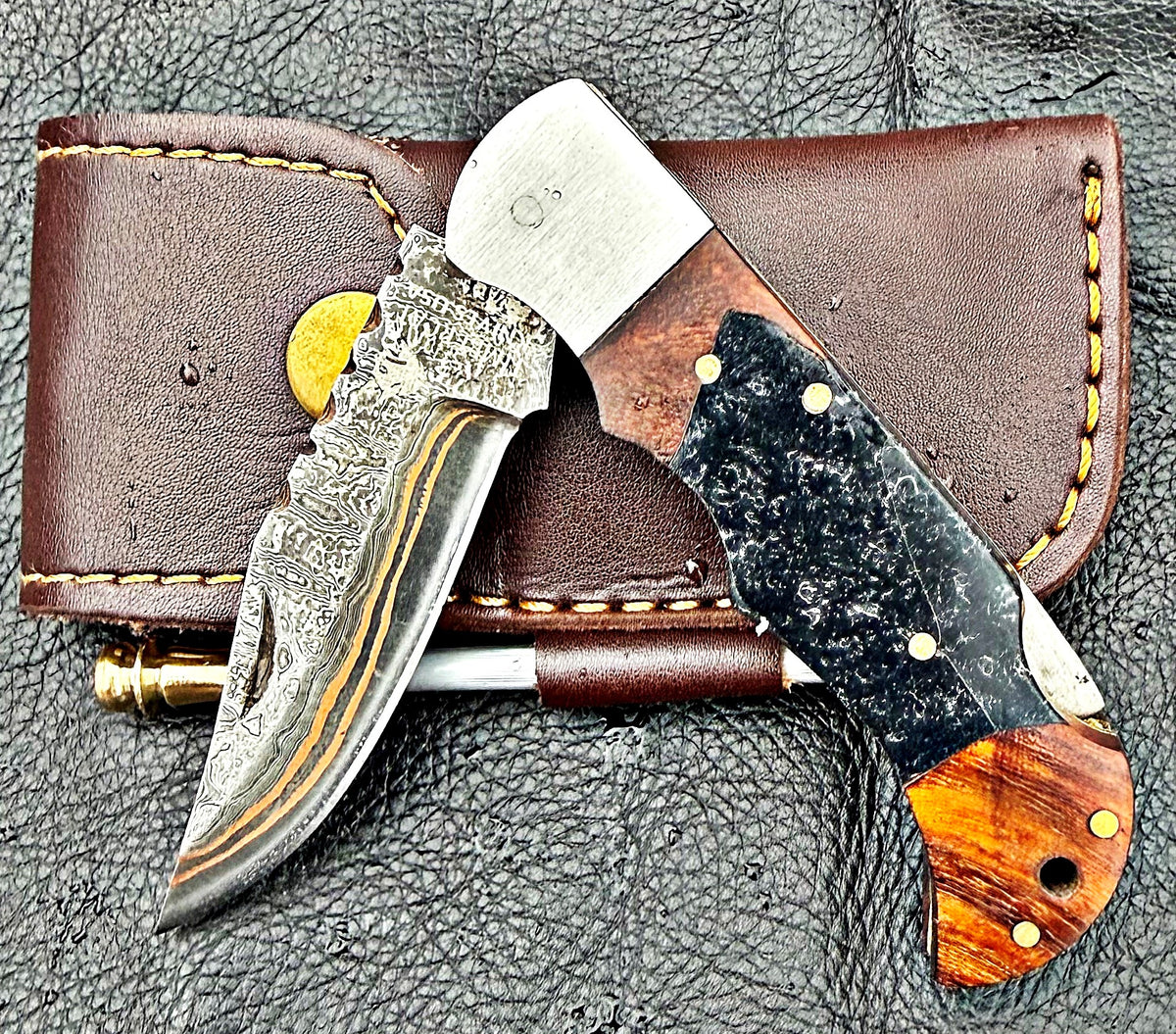 Timbercat Knives Handmade Copper Damascus Pocket Knife 3 Inch Blade Folding Knife with Cowhide Leather Sheath 2006