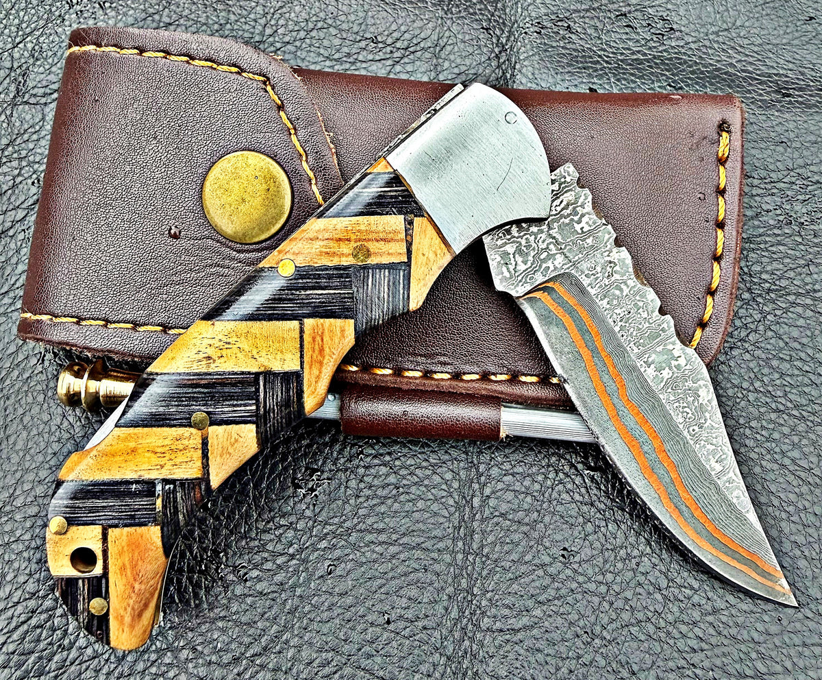 Timbercat Knives Handmade Copper Damascus Pocket Knife 3 Inch Blade Folding Knife with Cowhide Leather Sheath 2007