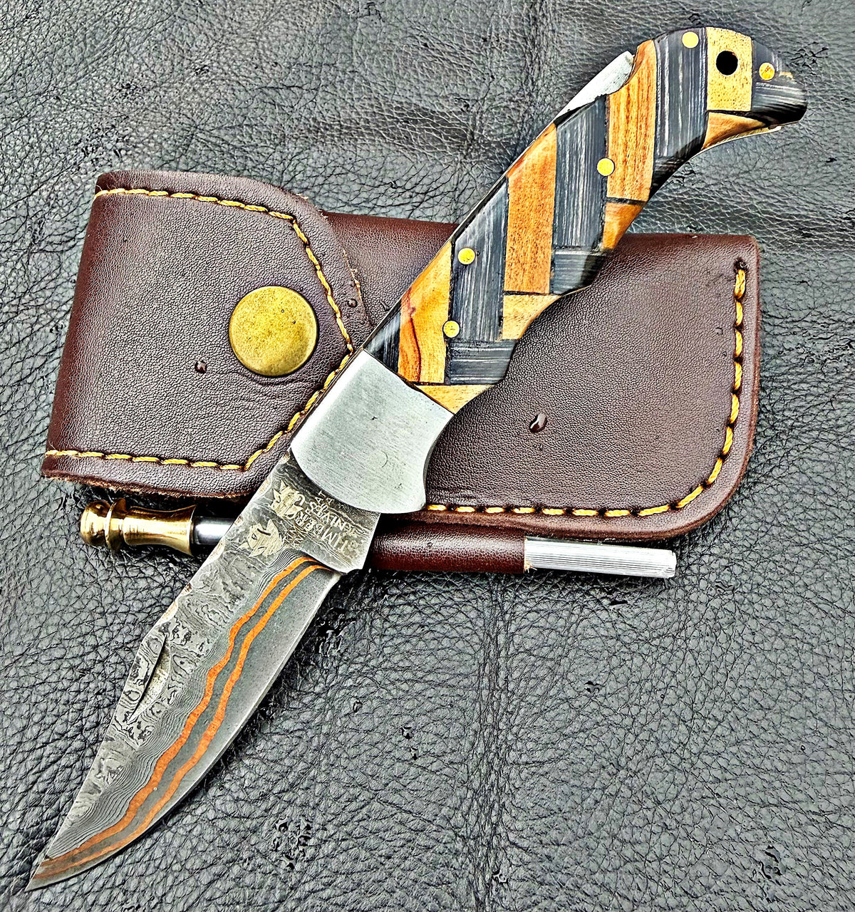 Timbercat Knives Handmade Copper Damascus Pocket Knife 3 Inch Blade Folding Knife with Cowhide Leather Sheath 2007