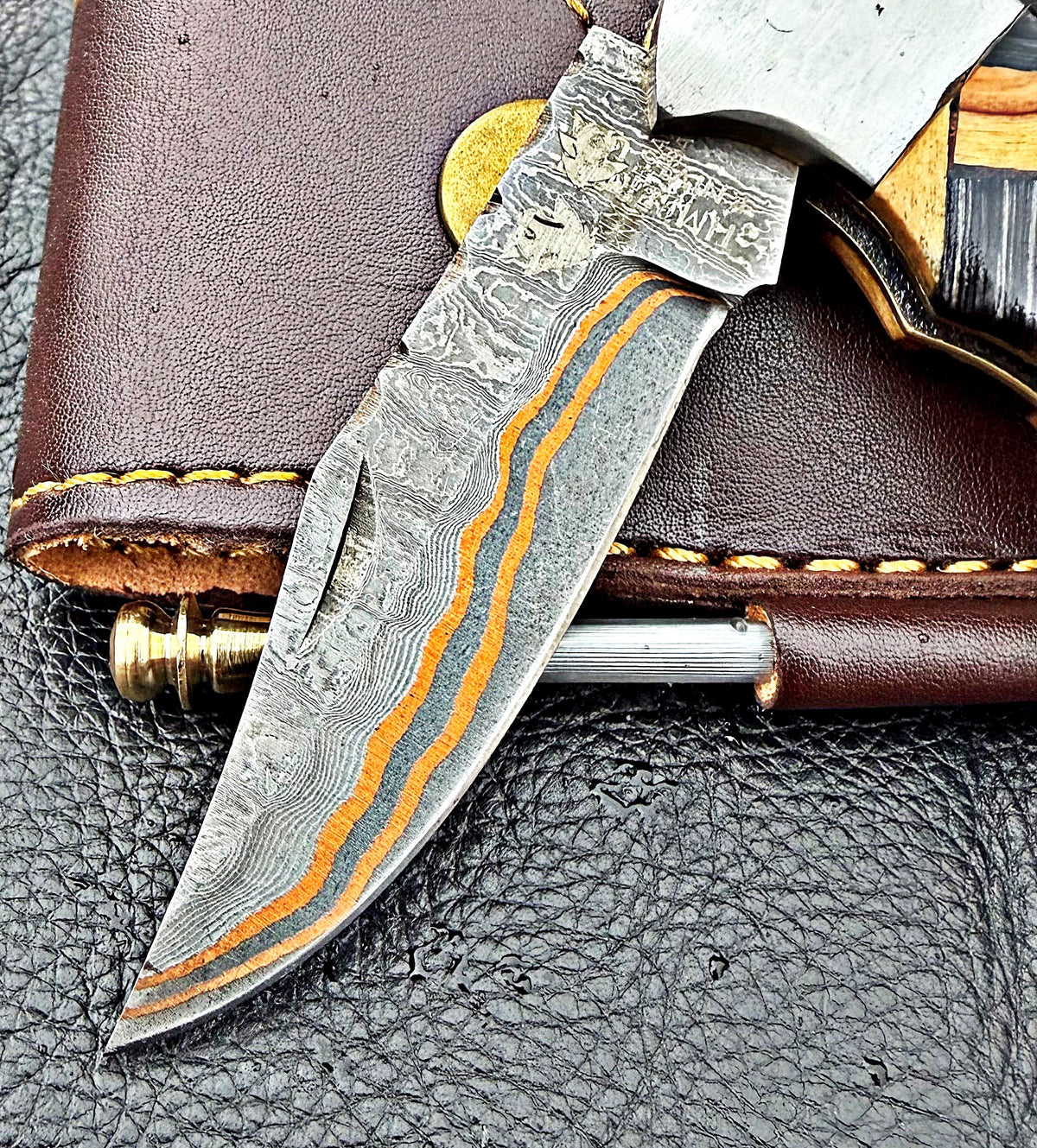Timbercat Knives Handmade Copper Damascus Pocket Knife 3 Inch Blade Folding Knife with Cowhide Leather Sheath 2007