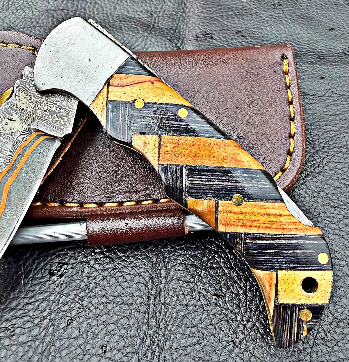 Timbercat Knives Handmade Copper Damascus Pocket Knife 3 Inch Blade Folding Knife with Cowhide Leather Sheath 2007