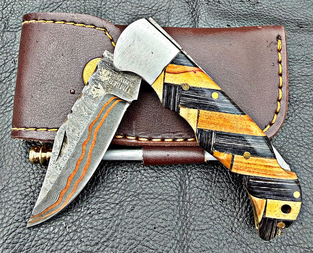 Timbercat Knives Handmade Copper Damascus Pocket Knife 3 Inch Blade Folding Knife with Cowhide Leather Sheath 2007