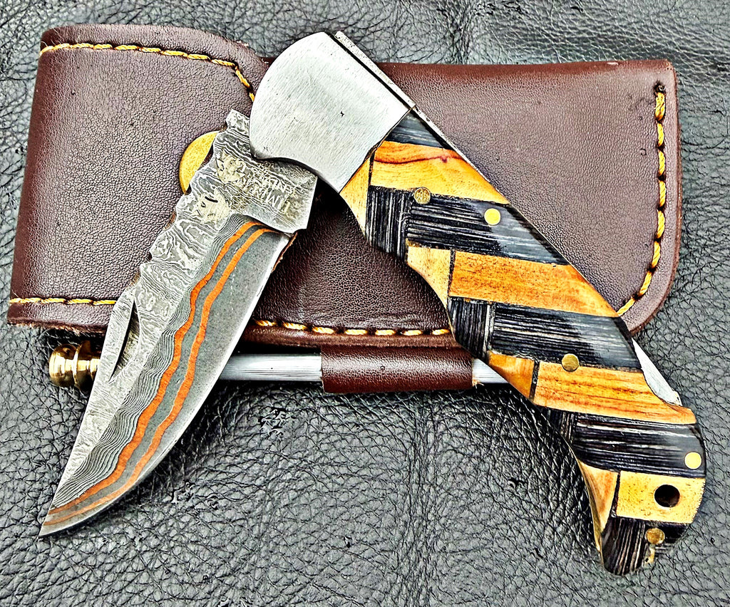 Timbercat Knives Handmade Copper Damascus Pocket Knife 3 Inch Blade Folding Knife with Cowhide Leather Sheath 2007