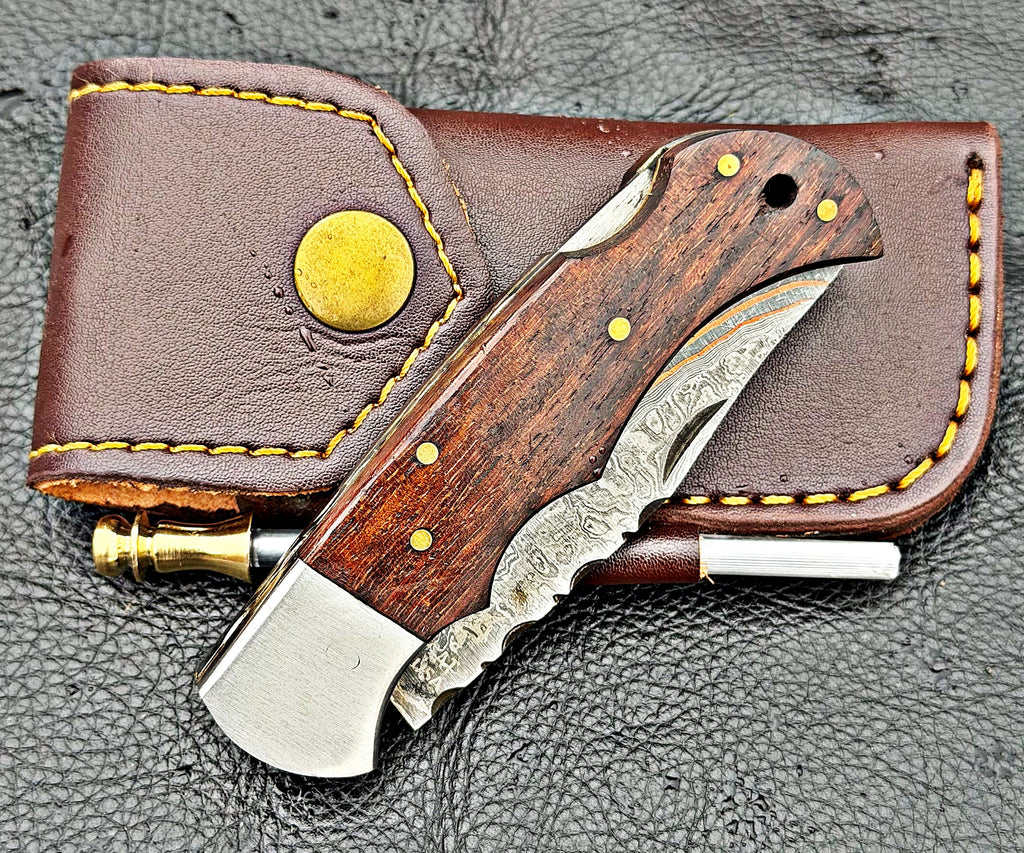 Timbercat Knives Handmade Copper Damascus Pocket Knife 3 Inch Blade Folding Knife with Cowhide Leather Sheath 2008