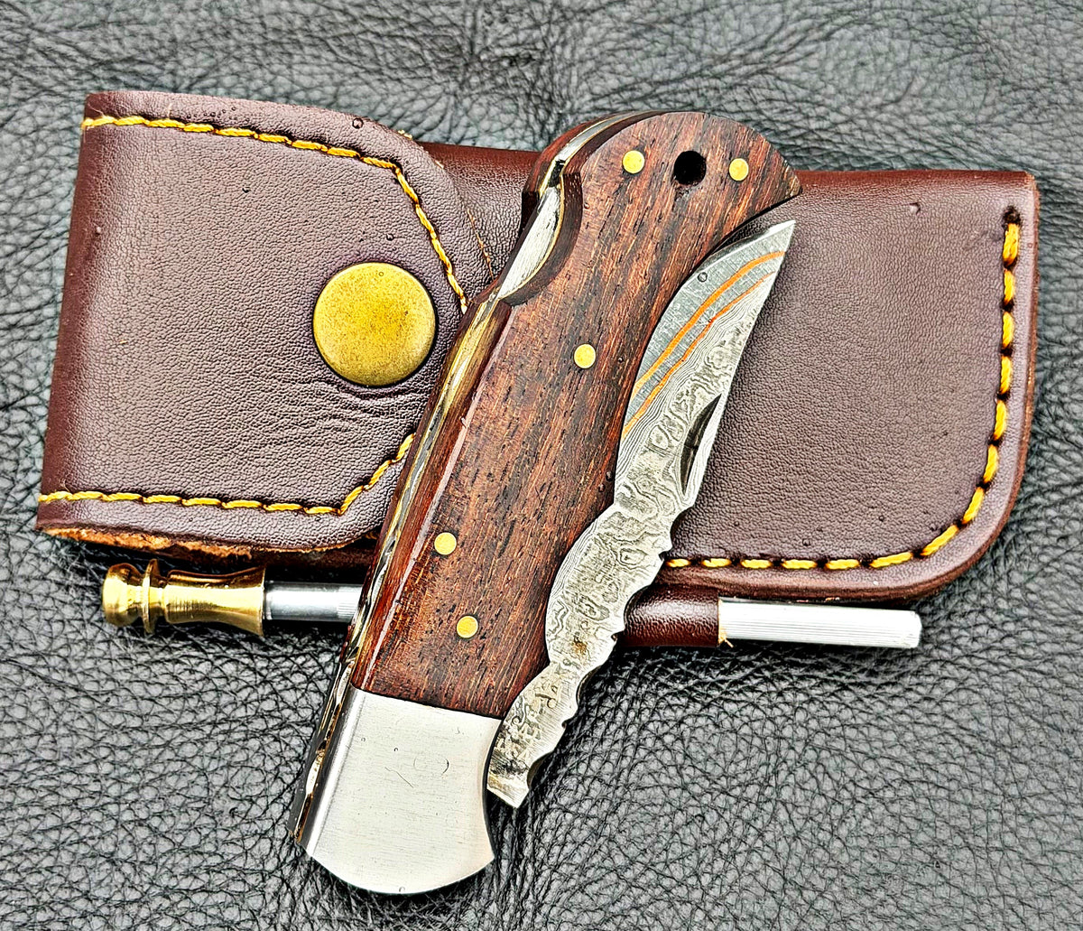 Timbercat Knives Handmade Copper Damascus Pocket Knife 3 Inch Blade Folding Knife with Cowhide Leather Sheath 2008