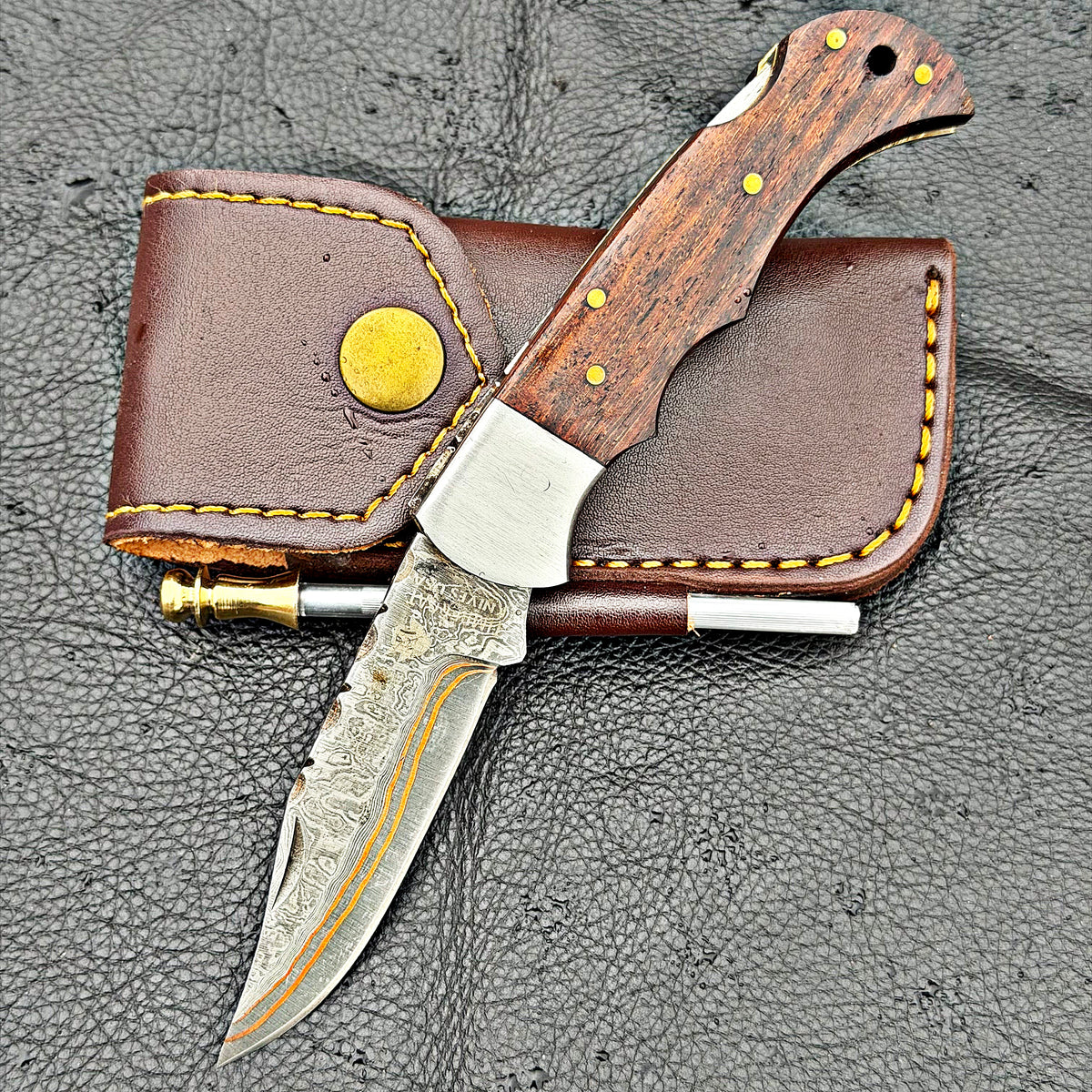 Timbercat Knives Handmade Copper Damascus Pocket Knife 3 Inch Blade Folding Knife with Cowhide Leather Sheath 2008