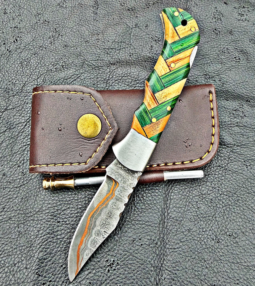 Timbercat Knives Handmade Damascus Pocket Knife 3 Inch Blade Folding Knife with Cowhide Leather Sheath 2013