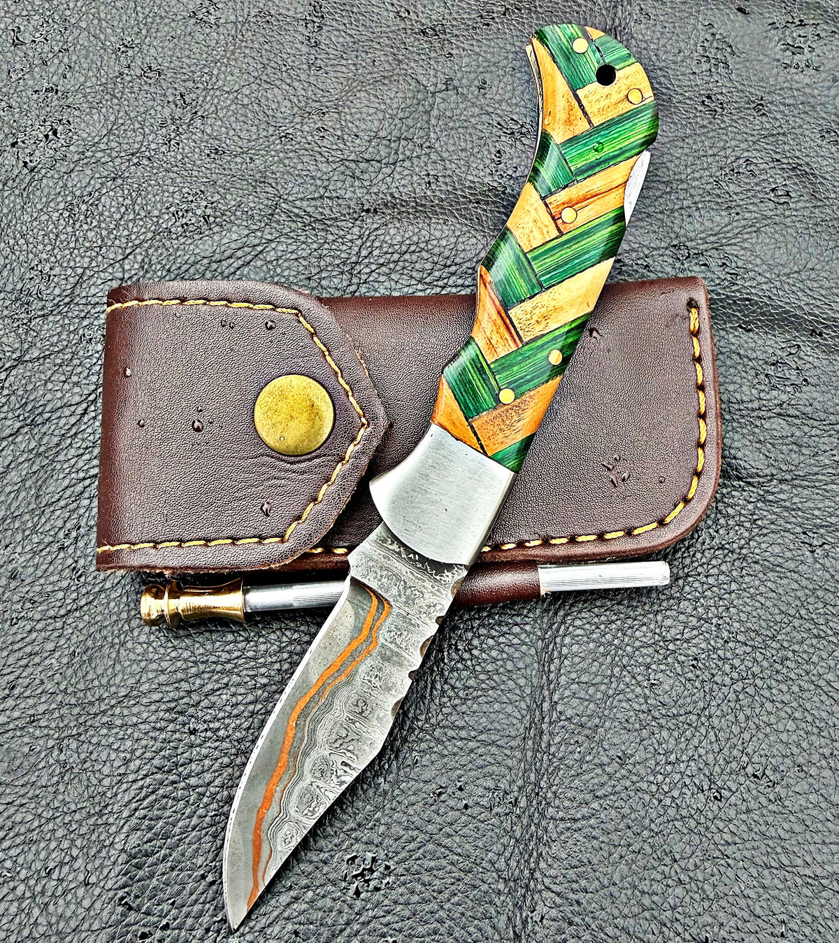 Timbercat Knives Handmade Damascus Pocket Knife 3 Inch Blade Folding Knife with Cowhide Leather Sheath 2013