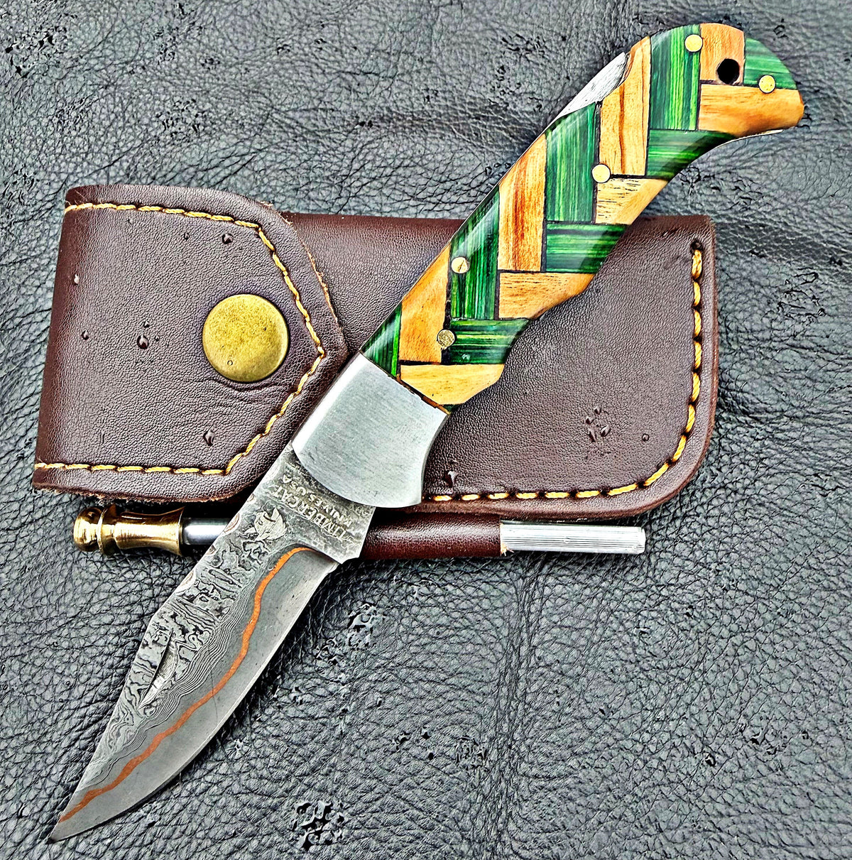 Timbercat Knives Handmade Damascus Pocket Knife 3 Inch Blade Folding Knife with Cowhide Leather Sheath 2013