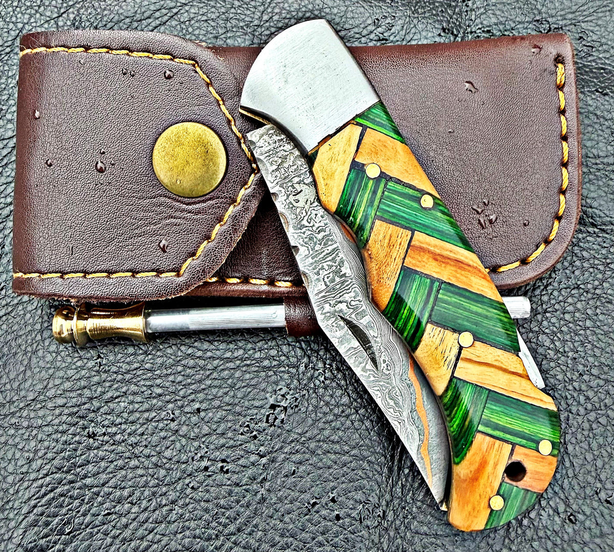 Timbercat Knives Handmade Damascus Pocket Knife 3 Inch Blade Folding Knife with Cowhide Leather Sheath 2013