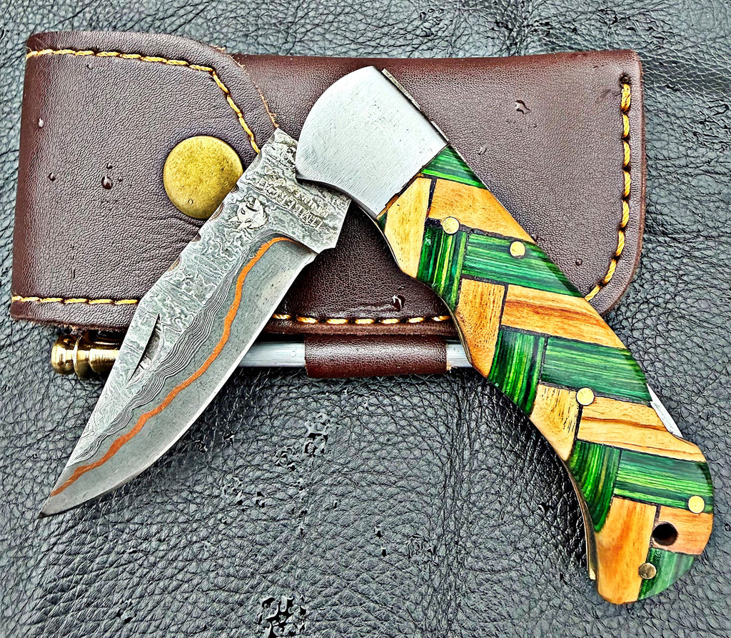 Timbercat Knives Handmade Damascus Pocket Knife 3 Inch Blade Folding Knife with Cowhide Leather Sheath 2013
