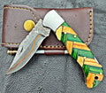 Timbercat Knives Handmade Damascus Pocket Knife 3 Inch Blade Folding Knife with Cowhide Leather Sheath 2013