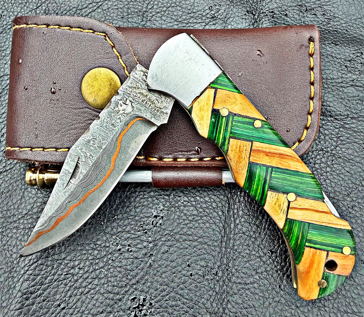 Timbercat Knives Handmade Damascus Pocket Knife 3 Inch Blade Folding Knife with Cowhide Leather Sheath 2013
