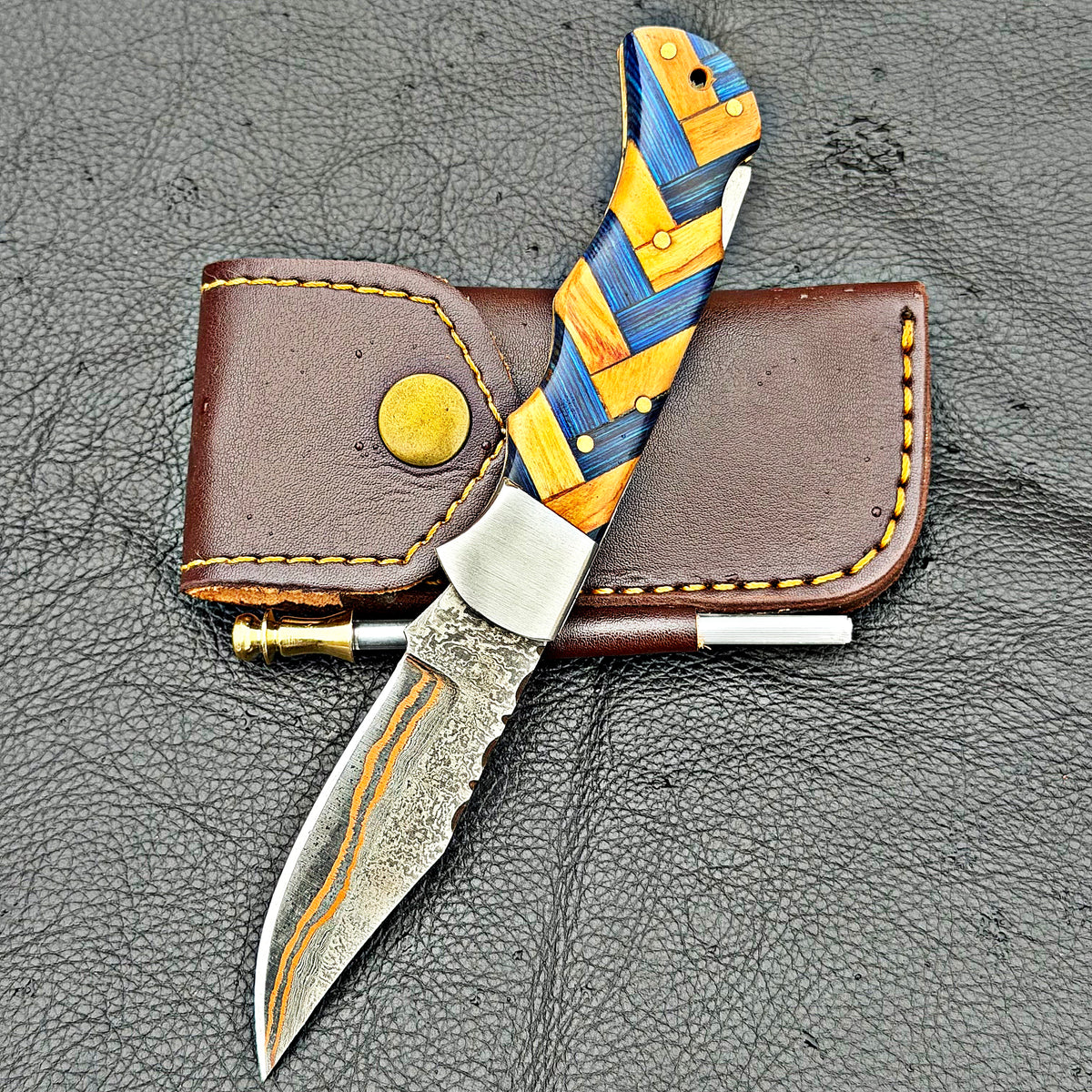 Timbercat Knives Handmade Copper Damascus Pocket Knife 3 Inch Blade Folding Knife with Cowhide Leather Sheath 2014