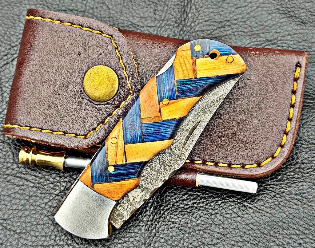 Timbercat Knives Handmade Copper Damascus Pocket Knife 3 Inch Blade Folding Knife with Cowhide Leather Sheath 2014