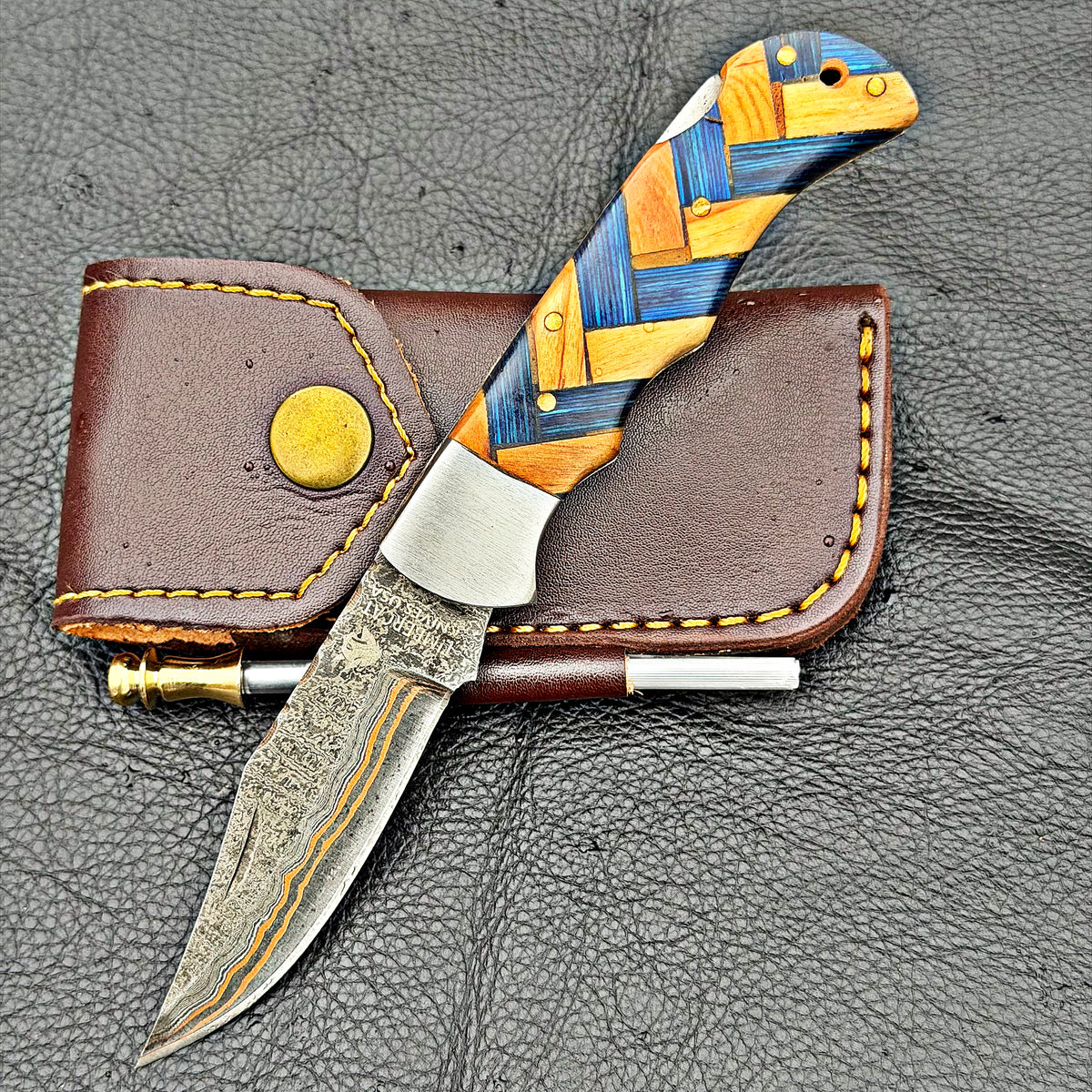 Timbercat Knives Handmade Copper Damascus Pocket Knife 3 Inch Blade Folding Knife with Cowhide Leather Sheath 2014