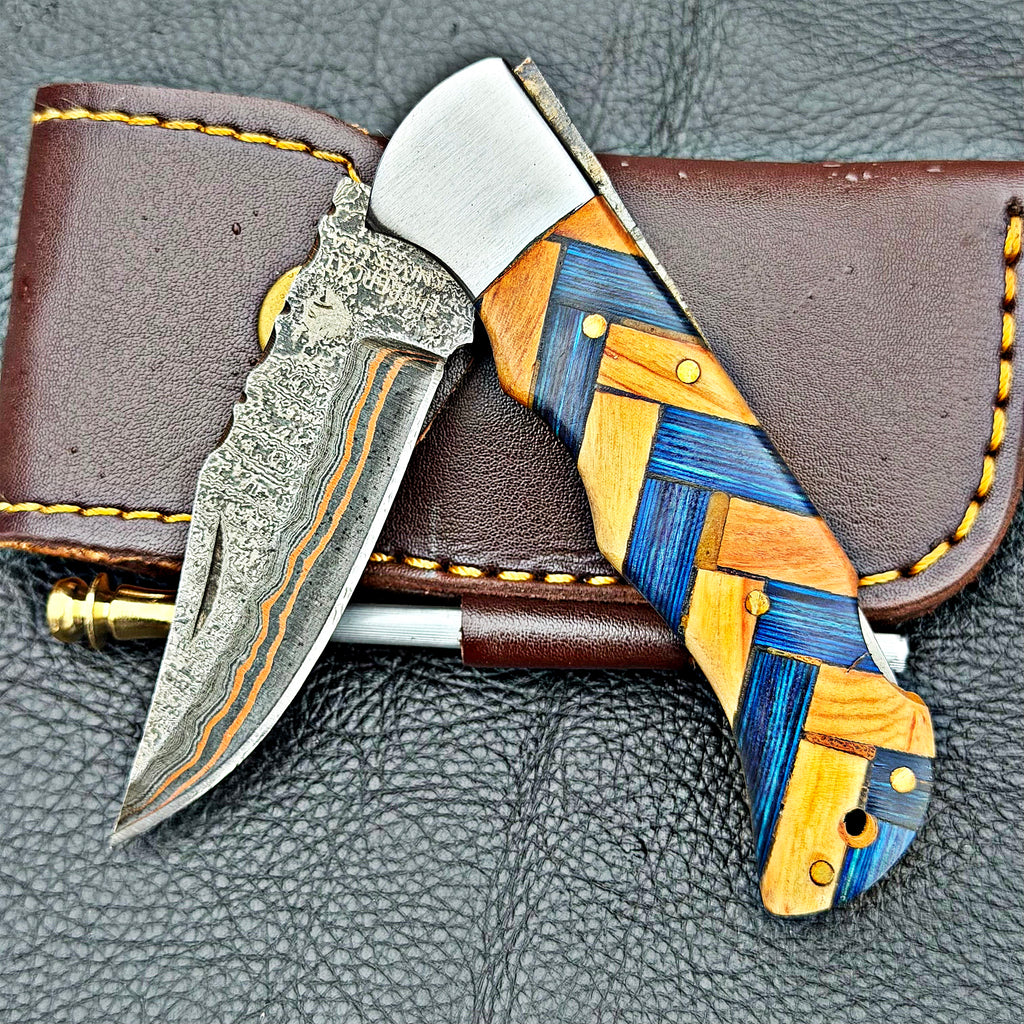 Timbercat Knives Handmade Copper Damascus Pocket Knife 3 Inch Blade Folding Knife with Cowhide Leather Sheath 2014