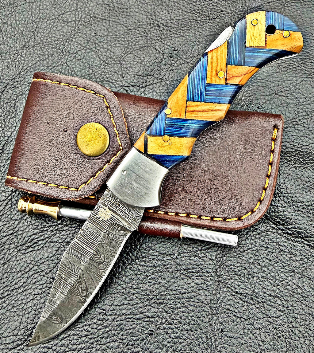 Timbercat Knives Handmade Damascus Pocket Knife 3 Inch Blade Folding Knife with Cowhide Leather Sheath 2015