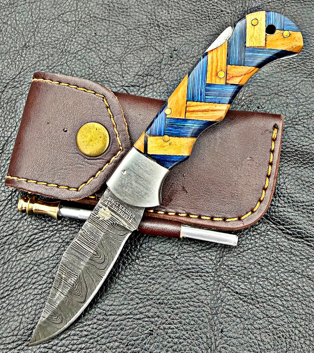 Timbercat Knives Handmade Damascus Pocket Knife 3 Inch Blade Folding Knife with Cowhide Leather Sheath 2015