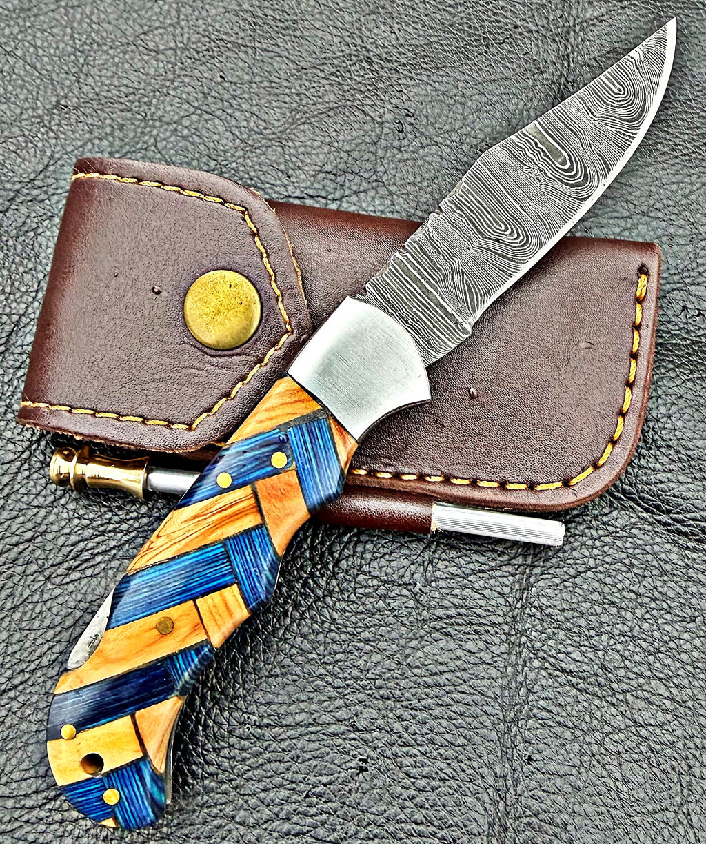 Timbercat Knives Handmade Damascus Pocket Knife 3 Inch Blade Folding Knife with Cowhide Leather Sheath 2015