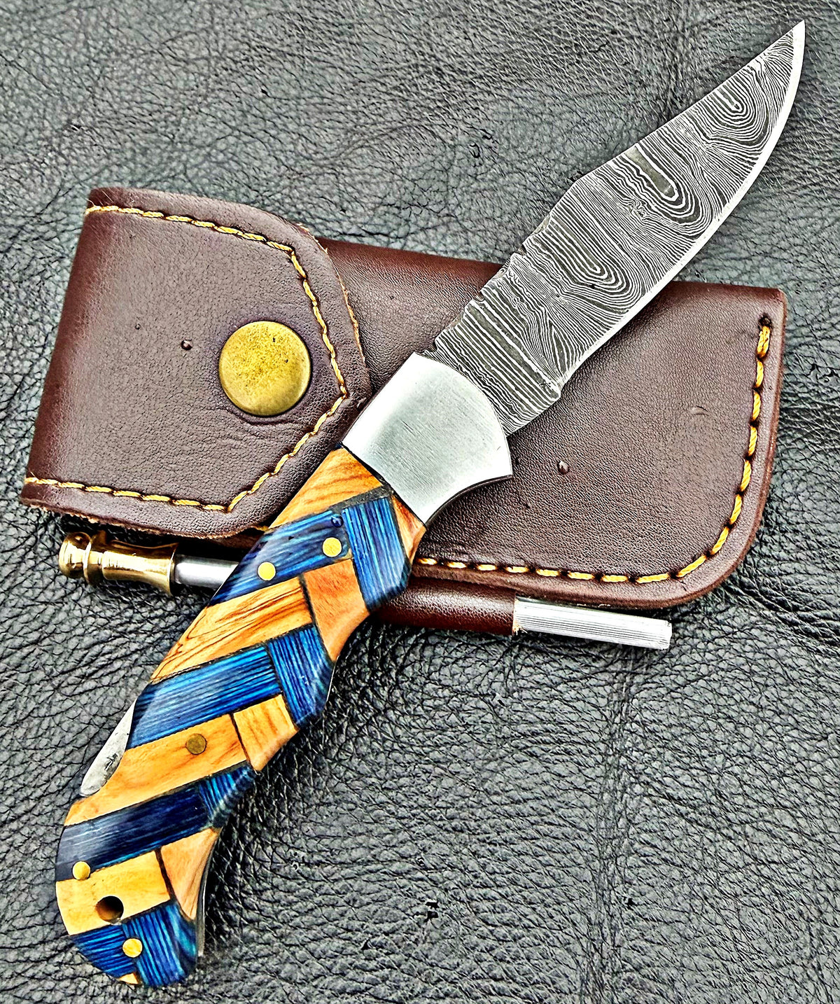Timbercat Knives Handmade Damascus Pocket Knife 3 Inch Blade Folding Knife with Cowhide Leather Sheath 2015