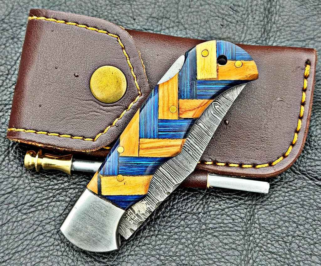 Timbercat Knives Handmade Damascus Pocket Knife 3 Inch Blade Folding Knife with Cowhide Leather Sheath 2015