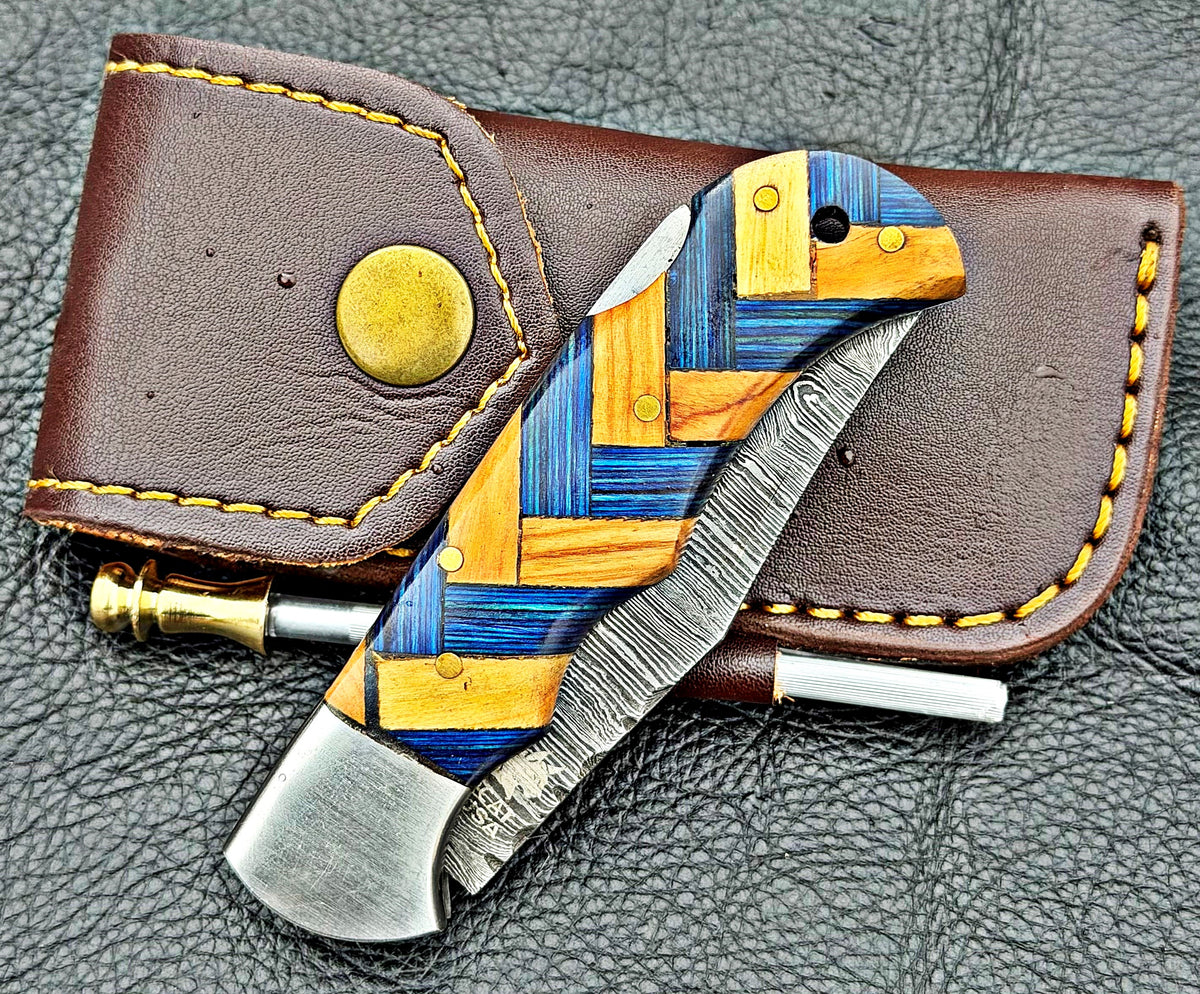 Timbercat Knives Handmade Damascus Pocket Knife 3 Inch Blade Folding Knife with Cowhide Leather Sheath 2015