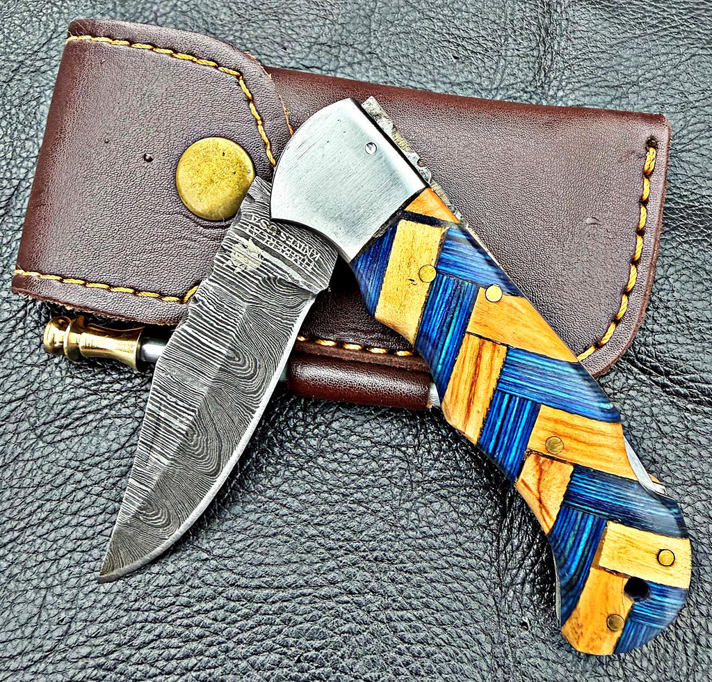Timbercat Knives Handmade Damascus Pocket Knife 3 Inch Blade Folding Knife with Cowhide Leather Sheath 2015
