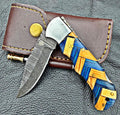 Timbercat Knives Handmade Damascus Pocket Knife 3 Inch Blade Folding Knife with Cowhide Leather Sheath 2015