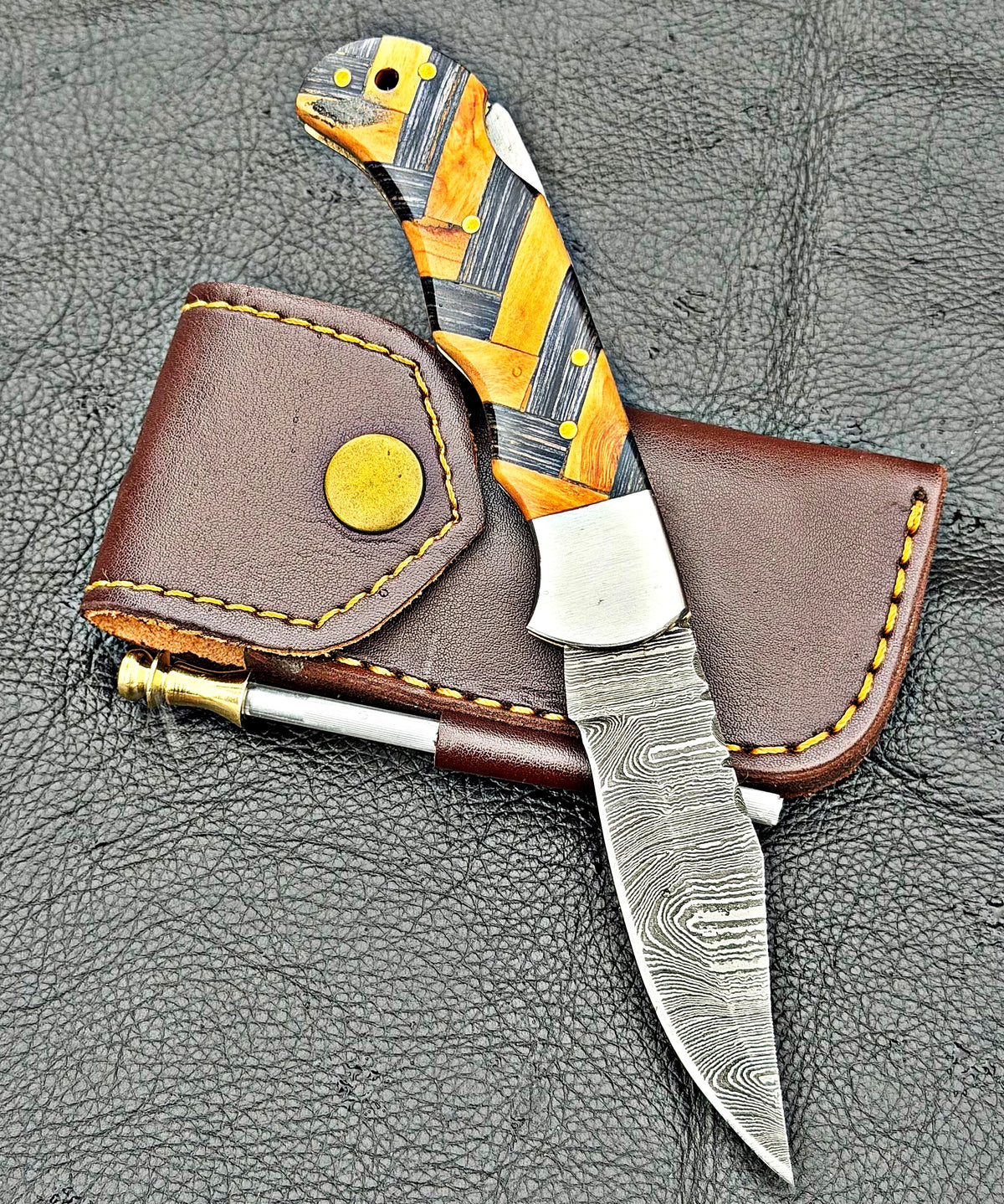 Timbercat Knives Handmade Damascus Pocket Knife 3 Inch Blade Folding Knife with Cowhide Leather Sheath 2016