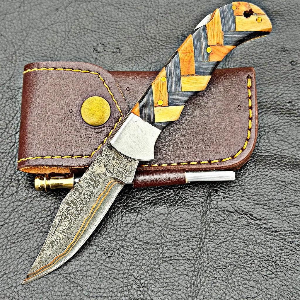 Timbercat Knives Handmade Damascus Pocket Knife 3 Inch Blade Folding Knife with Cowhide Leather Sheath 2016