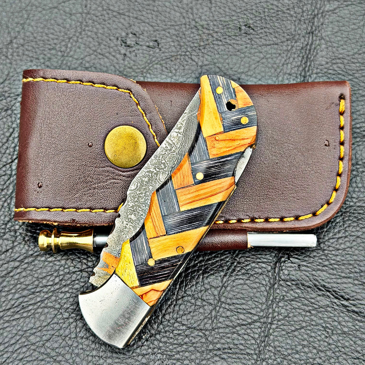 Timbercat Knives Handmade Damascus Pocket Knife 3 Inch Blade Folding Knife with Cowhide Leather Sheath 2016