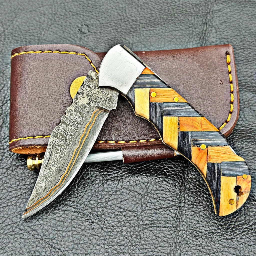 Timbercat Knives Handmade Damascus Pocket Knife 3 Inch Blade Folding Knife with Cowhide Leather Sheath 2016