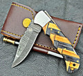 Timbercat Knives Handmade Damascus Pocket Knife 3 Inch Blade Folding Knife with Cowhide Leather Sheath 2016